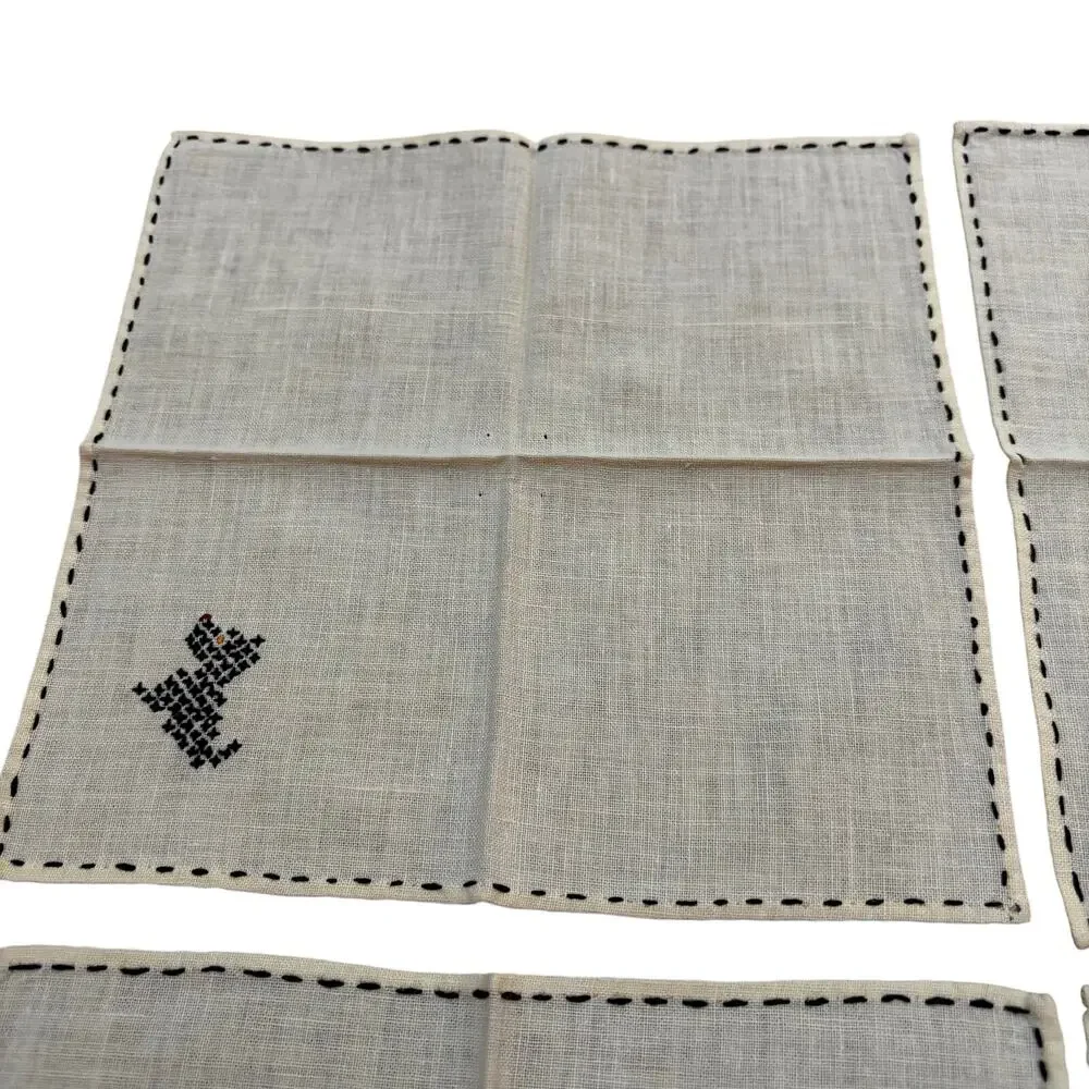 Cocktail napkins (4) YELLOW cotton hand embroidery black Scottish Terriers